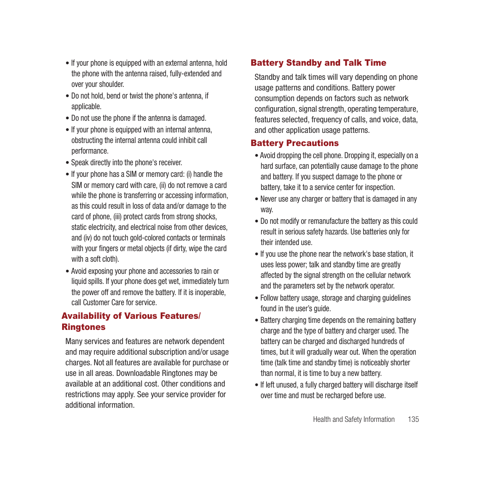 Availability of various features/ ringtones, Battery standby and talk time, Battery precautions | Samsung SPH-M910CAAVMU User Manual | Page 142 / 156