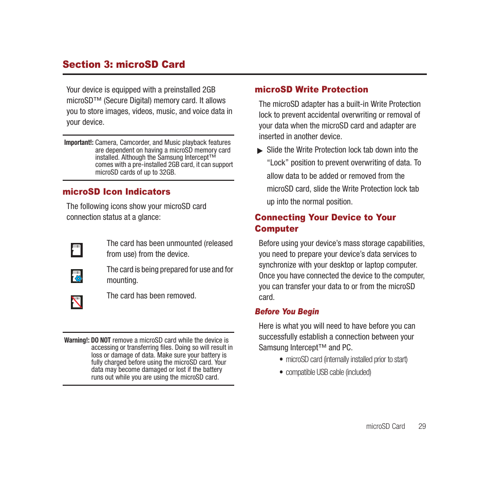 Section 3: microsd card, Microsd icon indicators, Microsd write protection | Connecting your device to your computer | Samsung SPH-M910CAAVMU User Manual | Page 36 / 156