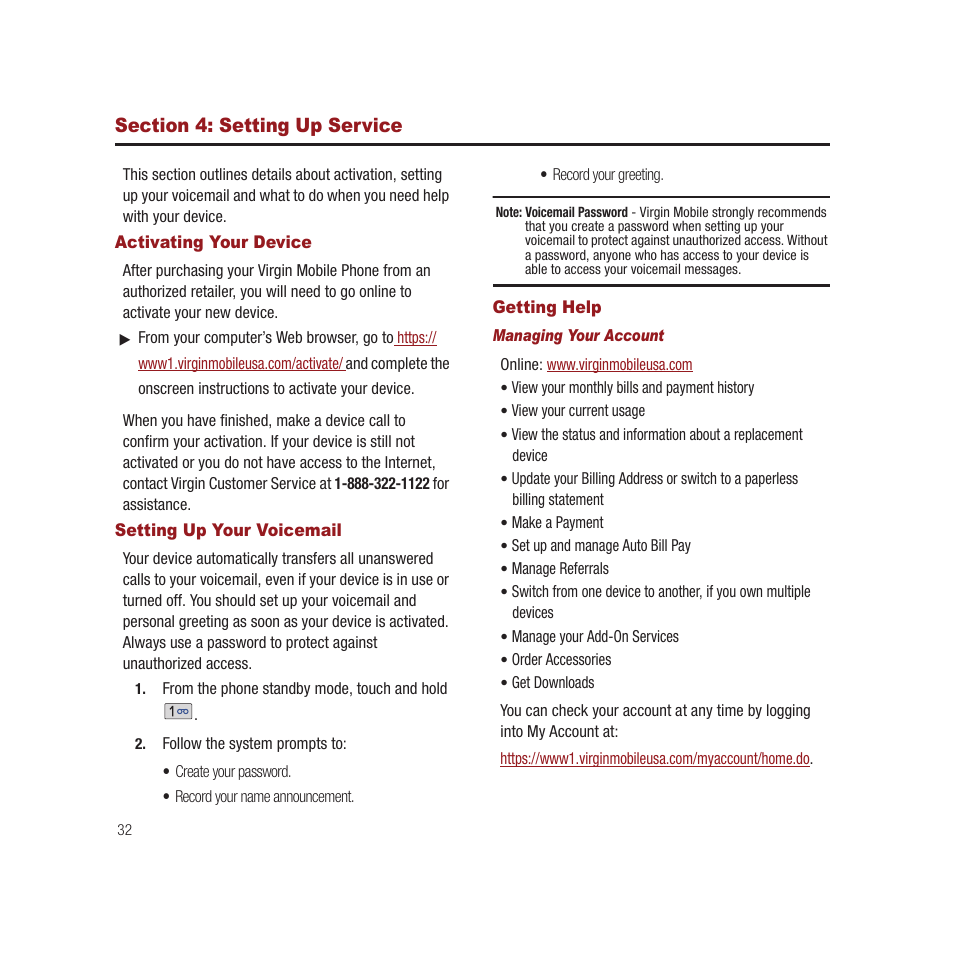 Section 4: setting up service, Activating your device, Setting up your voicemail | Getting help | Samsung SPH-M910CAAVMU User Manual | Page 39 / 156