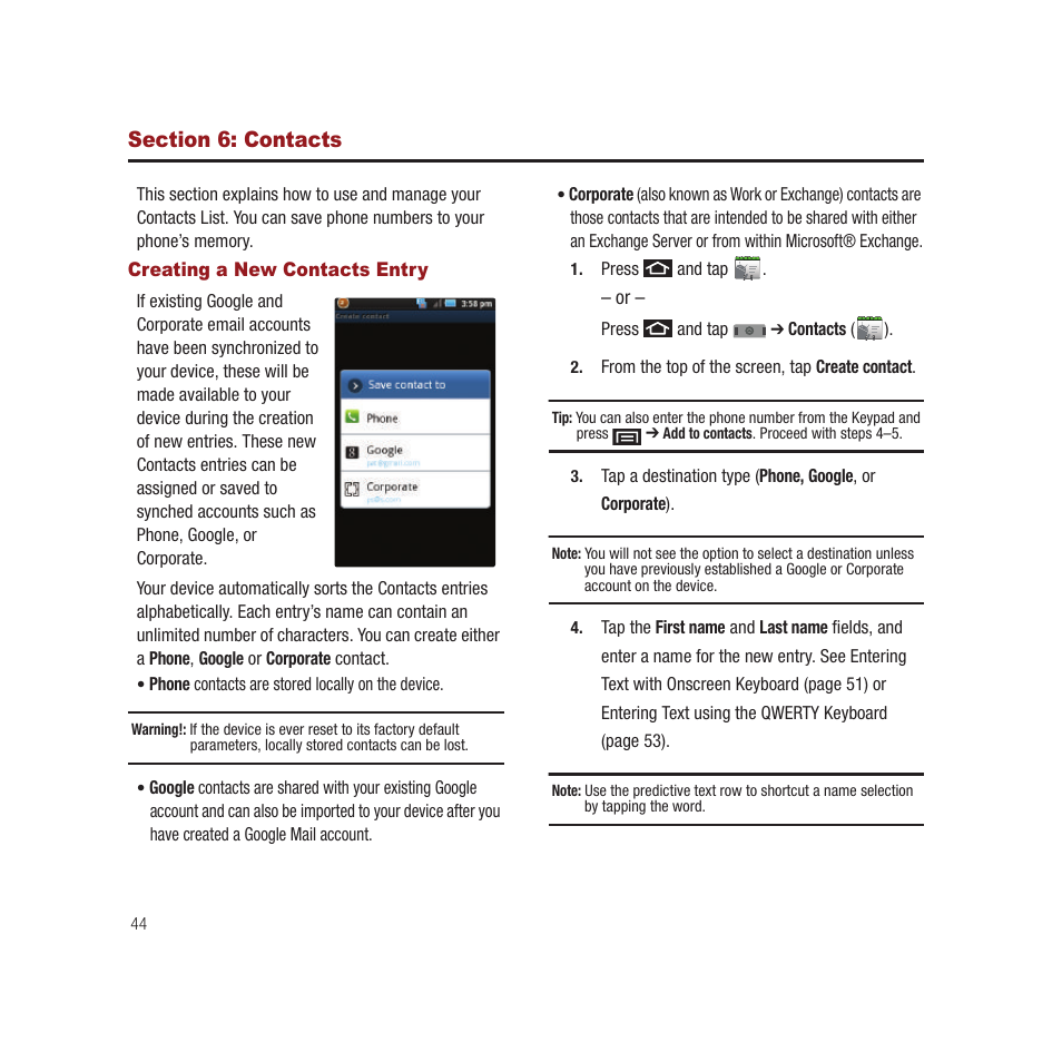 Section 6: contacts, Creating a new contacts entry | Samsung SPH-M910CAAVMU User Manual | Page 51 / 156