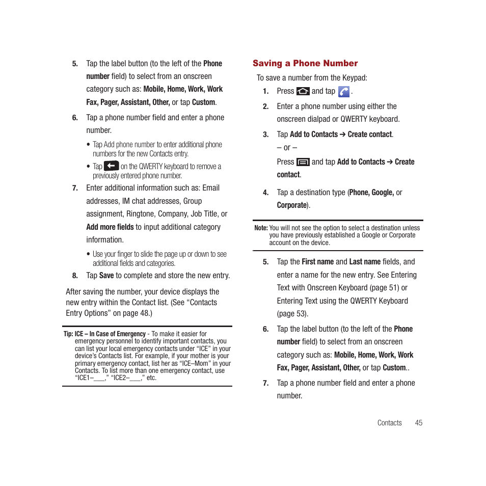 Saving a phone number | Samsung SPH-M910CAAVMU User Manual | Page 52 / 156