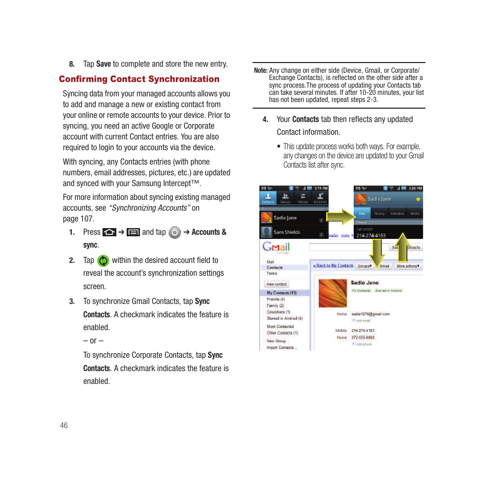 Confirming contact synchronization | Samsung SPH-M910CAAVMU User Manual | Page 53 / 156