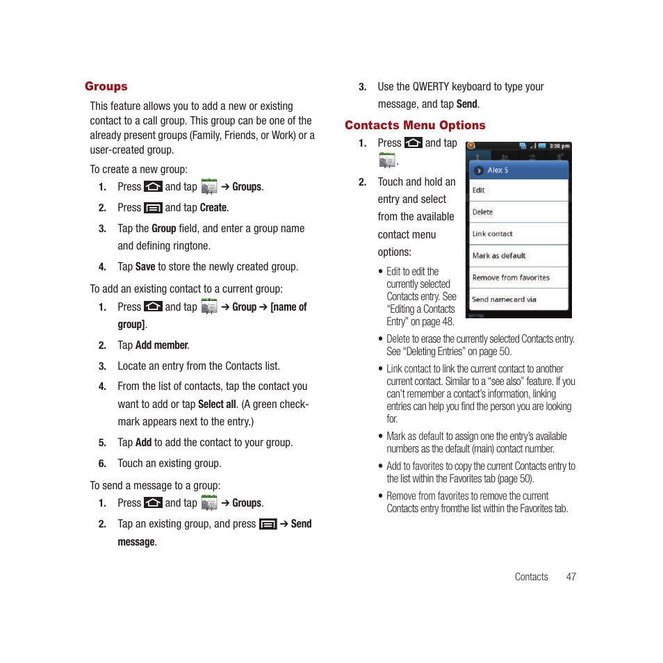 Groups, Contacts menu options, Groups contacts menu options | Samsung SPH-M910CAAVMU User Manual | Page 54 / 156