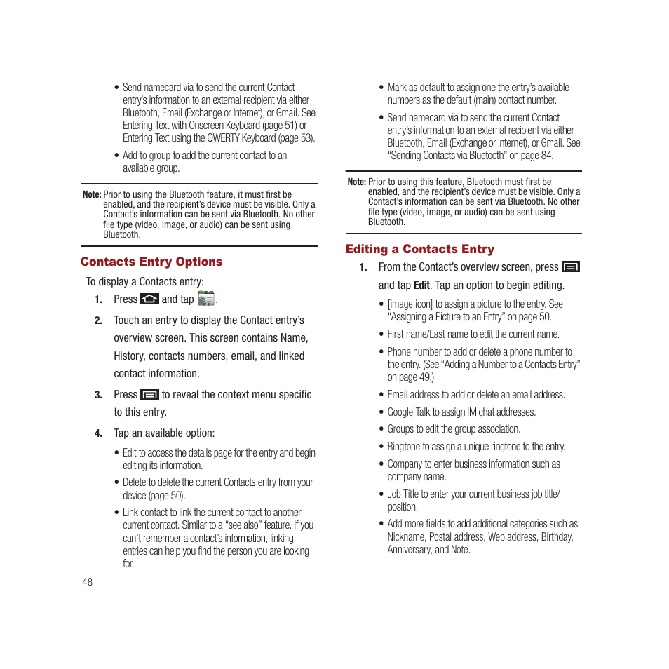 Contacts entry options, Editing a contacts entry, Contacts entry options editing a contacts entry | Samsung SPH-M910CAAVMU User Manual | Page 55 / 156