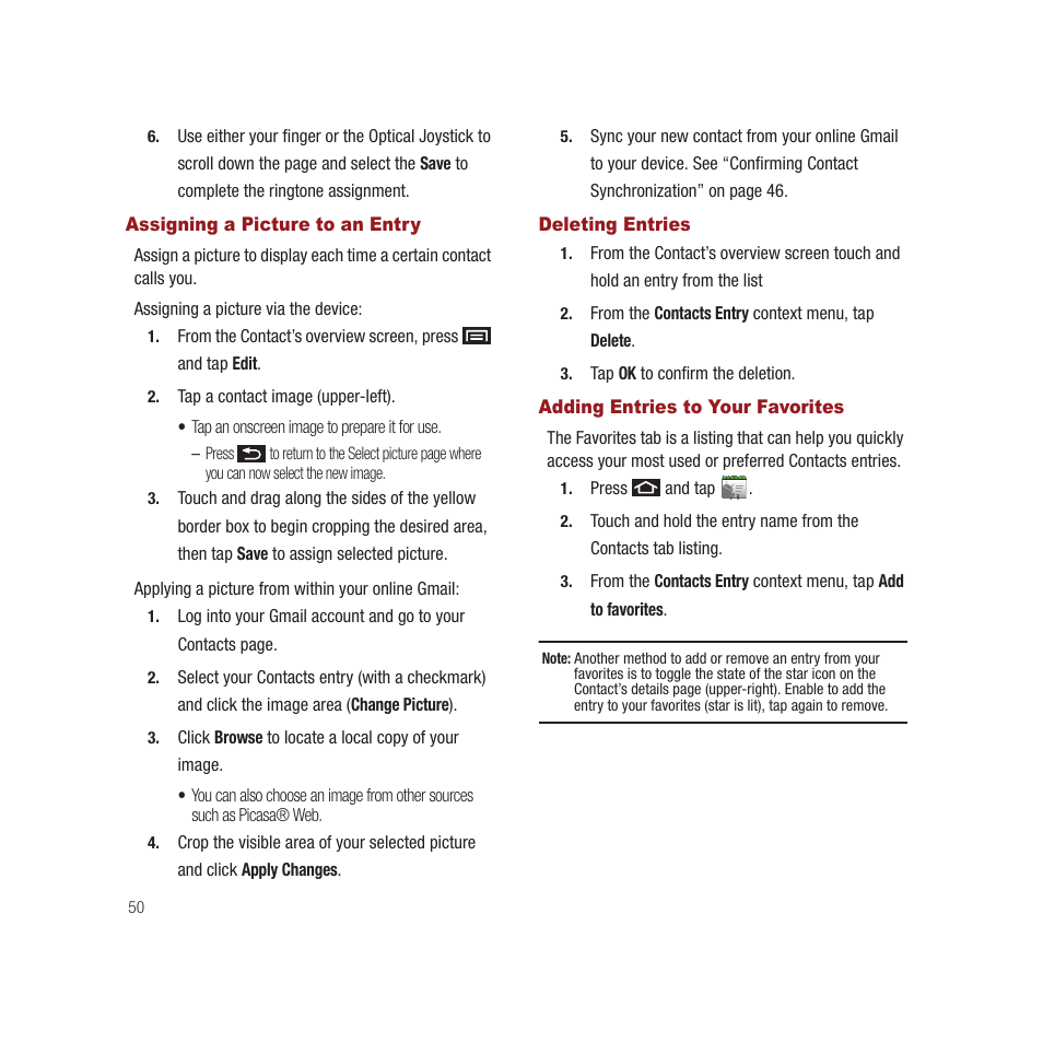 Assigning a picture to an entry, Deleting entries, Adding entries to your favorites | Samsung SPH-M910CAAVMU User Manual | Page 57 / 156
