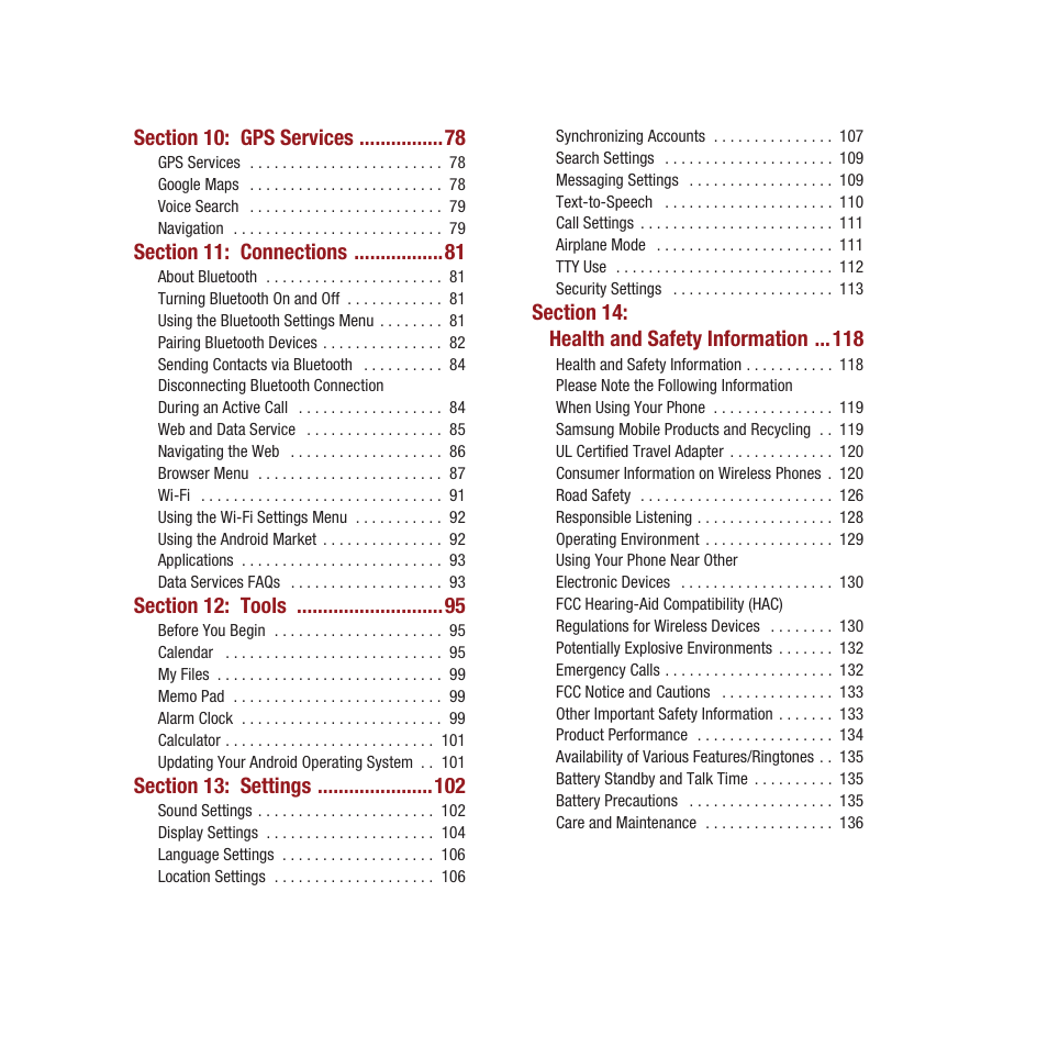 Section 10: gps services 78, Section 11: connections 81, Section 12: tools 95 | Section 13: settings 102, Section 14: health and safety information 118 | Samsung SPH-M910CAAVMU User Manual | Page 6 / 156