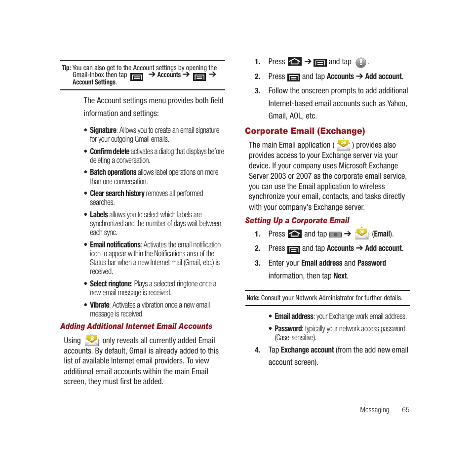 Corporate email (exchange) | Samsung SPH-M910CAAVMU User Manual | Page 72 / 156