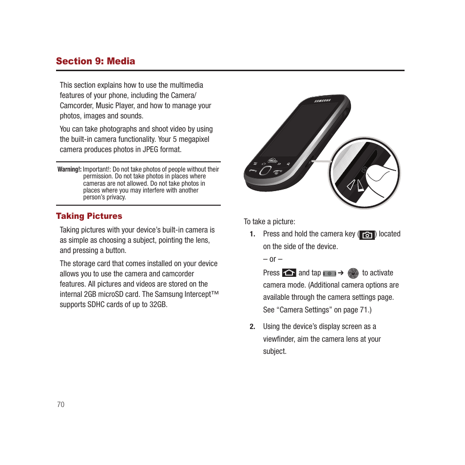 Section 9: media, Taking pictures | Samsung SPH-M910CAAVMU User Manual | Page 77 / 156