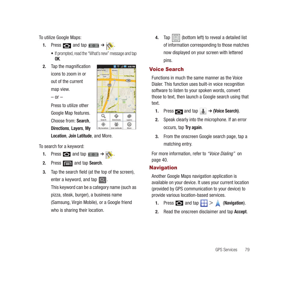 Voice search, Navigation, Voice search navigation | Samsung SPH-M910CAAVMU User Manual | Page 86 / 156
