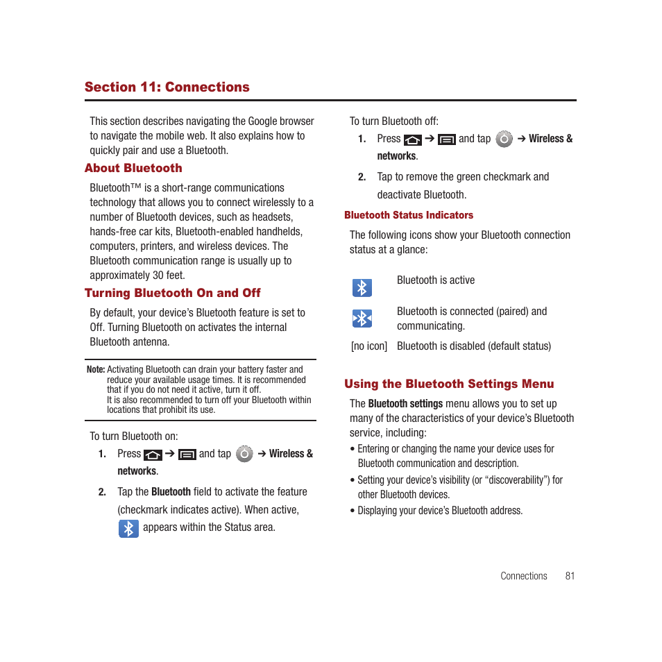 Section 11: connections, About bluetooth, Turning bluetooth on and off | Using the bluetooth settings menu, E. see “turning | Samsung SPH-M910CAAVMU User Manual | Page 88 / 156