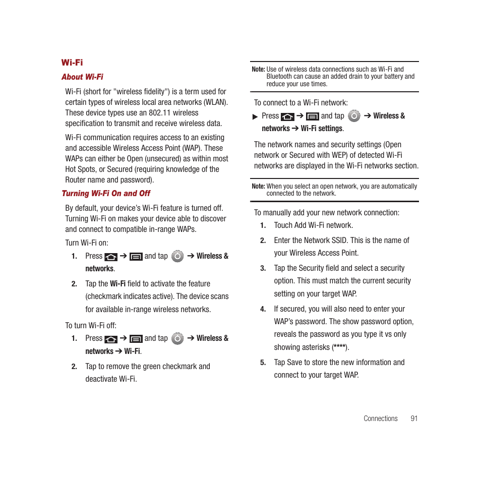 Wi-fi, Use. see “turning wi-fi on and | Samsung SPH-M910CAAVMU User Manual | Page 98 / 156