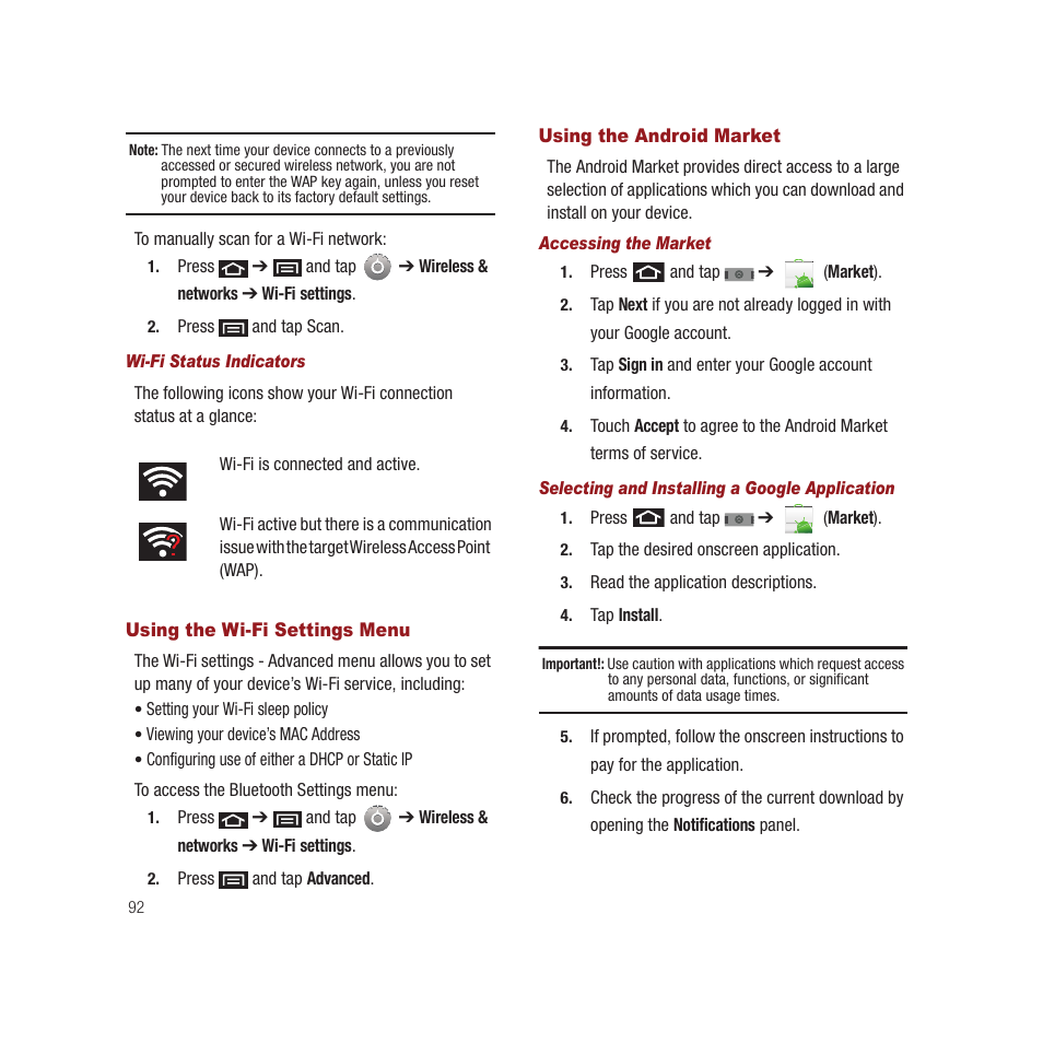 Using the wi-fi settings menu, Using the android market | Samsung SPH-M910CAAVMU User Manual | Page 99 / 156