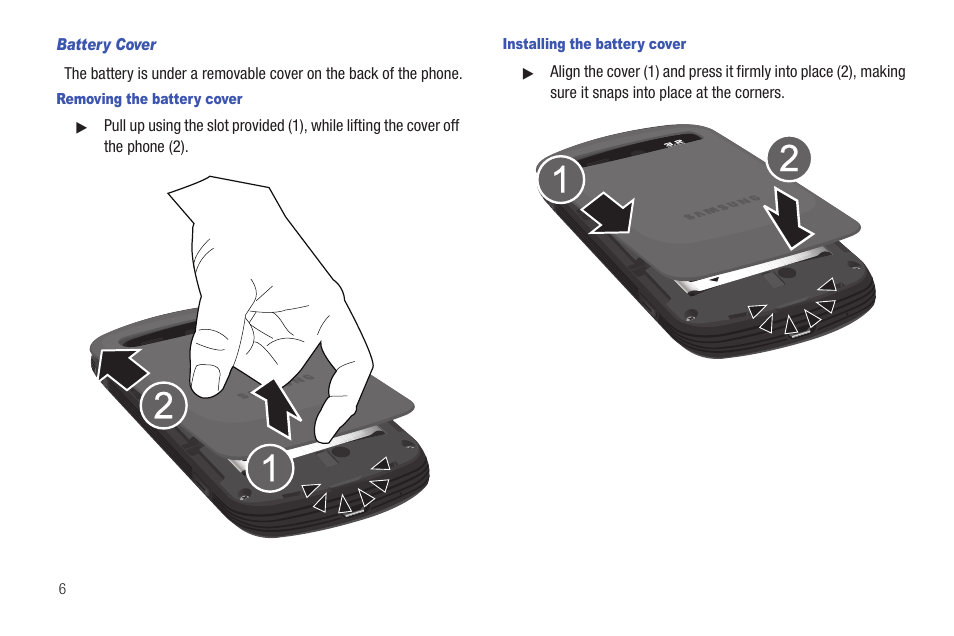 Battery cover, Removing the battery cover, Installing the battery cover | Samsung SCH-R720ZAAMTR User Manual | Page 10 / 136