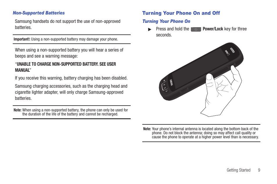 Non-supported batteries, Turning your phone on and off, Turning your phone on | Samsung SCH-R720ZAAMTR User Manual | Page 13 / 136