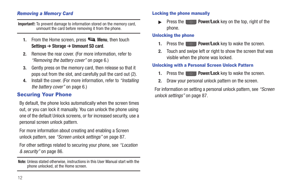 Removing a memory card, Securing your phone, Locking the phone manually | Unlocking the phone, Unlocking with a personal screen unlock pattern | Samsung SCH-R720ZAAMTR User Manual | Page 16 / 136