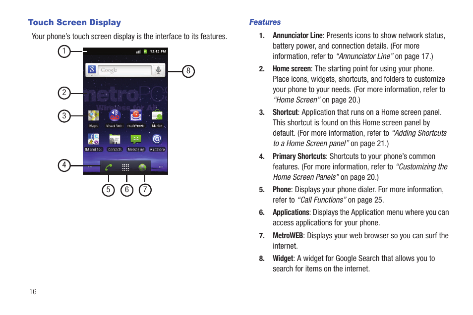 Touch screen display, Features | Samsung SCH-R720ZAAMTR User Manual | Page 20 / 136