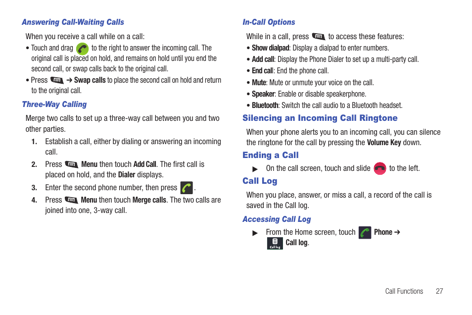 Answering call-waiting calls, Three-way calling, In-call options | Silencing an incoming call ringtone, Ending a call, Call log, Accessing call log | Samsung SCH-R720ZAAMTR User Manual | Page 31 / 136