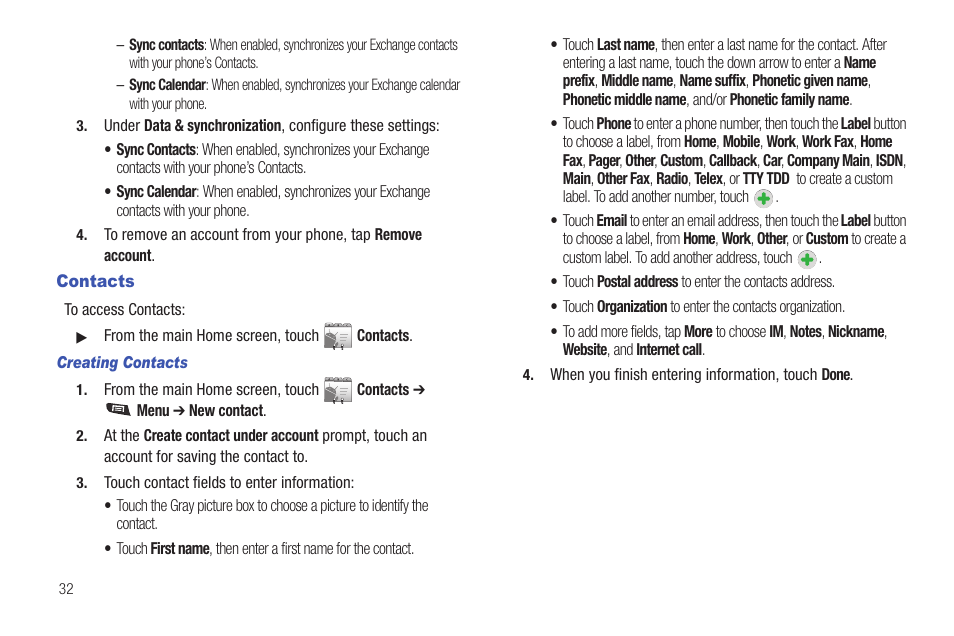 Contacts, Creating contacts | Samsung SCH-R720ZAAMTR User Manual | Page 36 / 136