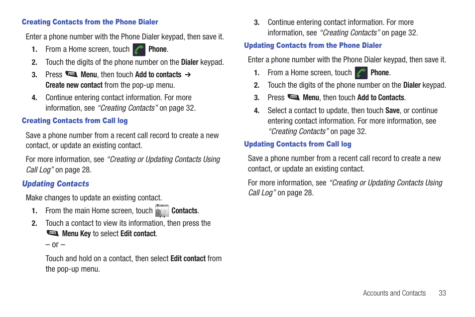 Creating contacts from the phone dialer, Creating contacts from call log, Updating contacts | Updating contacts from the phone dialer, Updating contacts from call log | Samsung SCH-R720ZAAMTR User Manual | Page 37 / 136