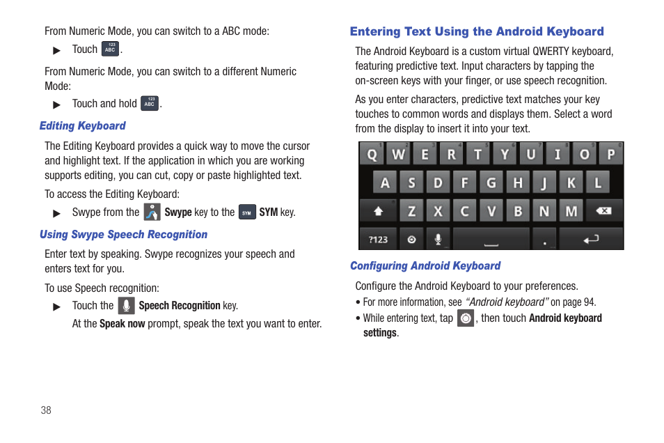 Editing keyboard, Using swype speech recognition, Entering text using the android keyboard | Configuring android keyboard | Samsung SCH-R720ZAAMTR User Manual | Page 42 / 136