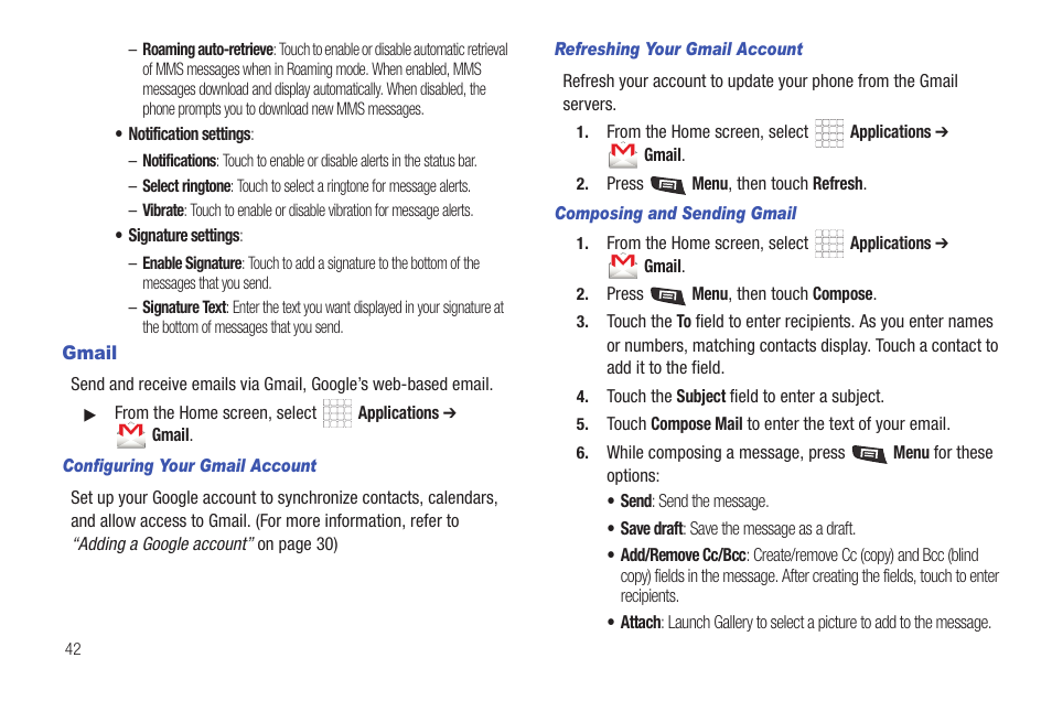 Gmail, Configuring your gmail account, Refreshing your gmail account | Composing and sending gmail | Samsung SCH-R720ZAAMTR User Manual | Page 46 / 136