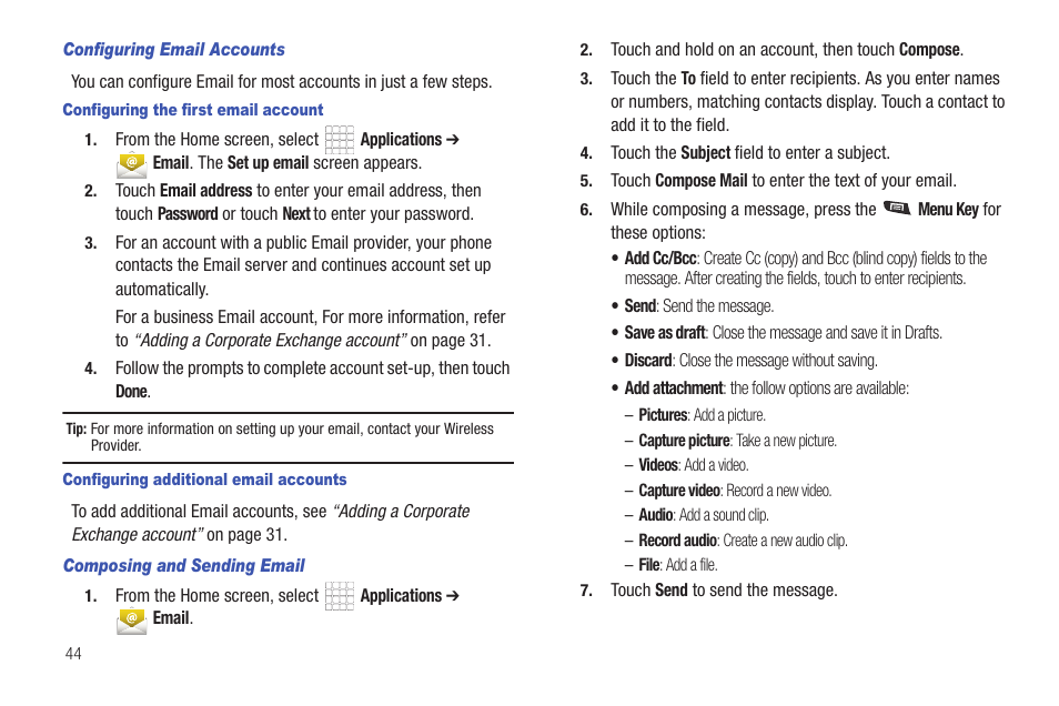 Configuring email accounts, Configuring the first email account, Configuring additional email accounts | Composing and sending email | Samsung SCH-R720ZAAMTR User Manual | Page 48 / 136