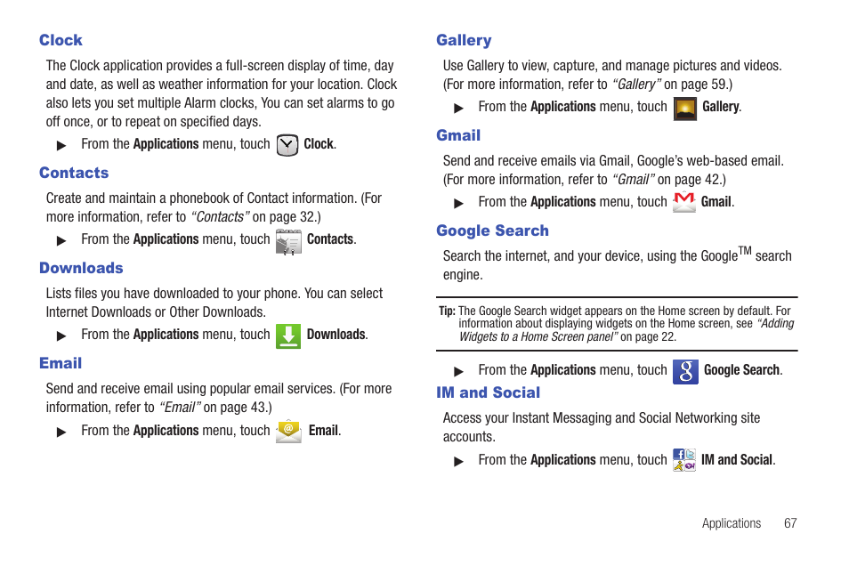 Clock, Contacts, Downloads | Email, Gallery, Gmail, Google search, Im and social, Clock contacts | Samsung SCH-R720ZAAMTR User Manual | Page 71 / 136