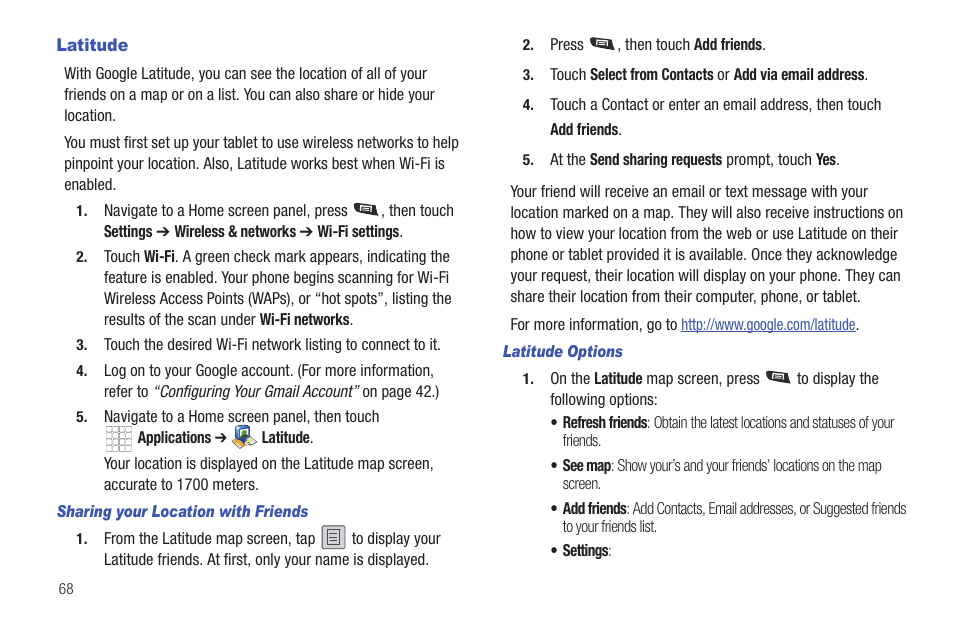 Latitude, Sharing your location with friends, Latitude options | Samsung SCH-R720ZAAMTR User Manual | Page 72 / 136