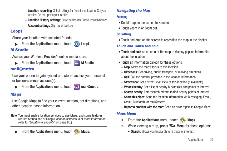 Loopt, M studio, Mail@metro | Maps, Navigating the map, Zooming, Scrolling, Touch and touch and hold, Maps menu, Loopt m studio mail@metro maps | Samsung SCH-R720ZAAMTR User Manual | Page 73 / 136