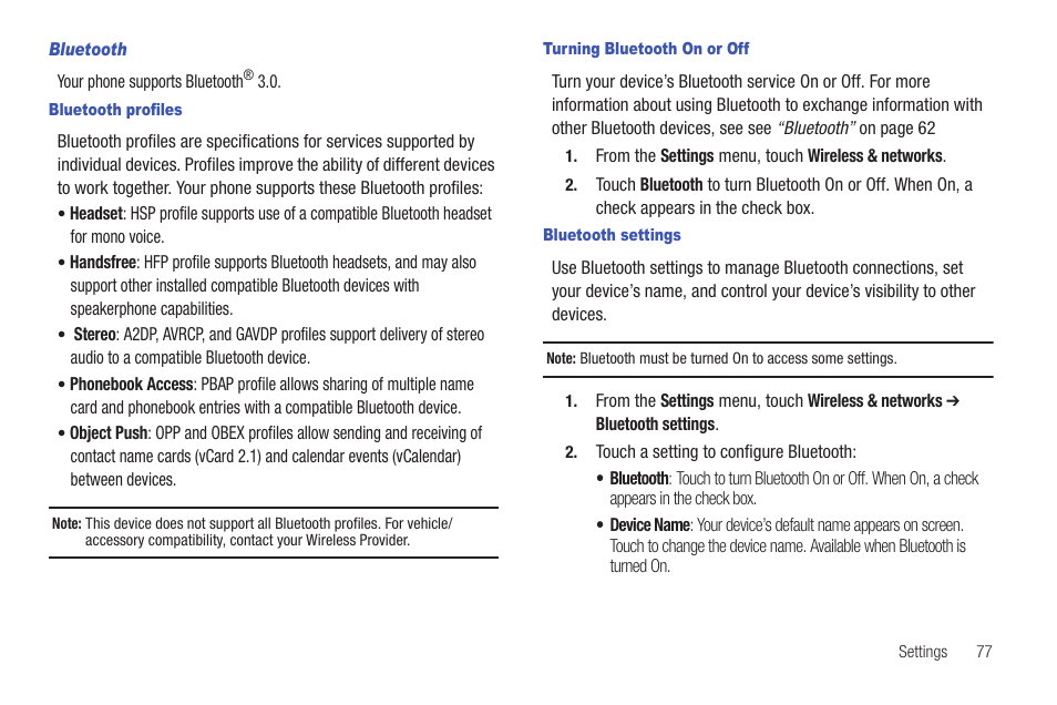 Bluetooth, Bluetooth profiles, Turning bluetooth on or off | Bluetooth settings | Samsung SCH-R720ZAAMTR User Manual | Page 81 / 136