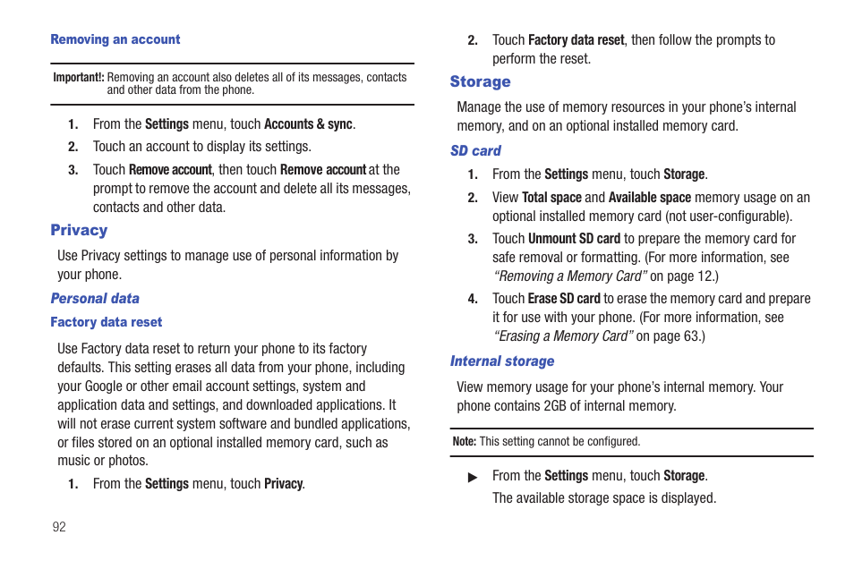 Removing an account, Privacy, Personal data | Factory data reset, Storage, Sd card, Internal storage, Privacy storage | Samsung SCH-R720ZAAMTR User Manual | Page 96 / 136