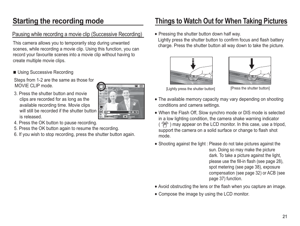 Starting the recording mode, Things to watch out for when taking pictures | Samsung EC-TL90ZZBPRUS User Manual | Page 22 / 106