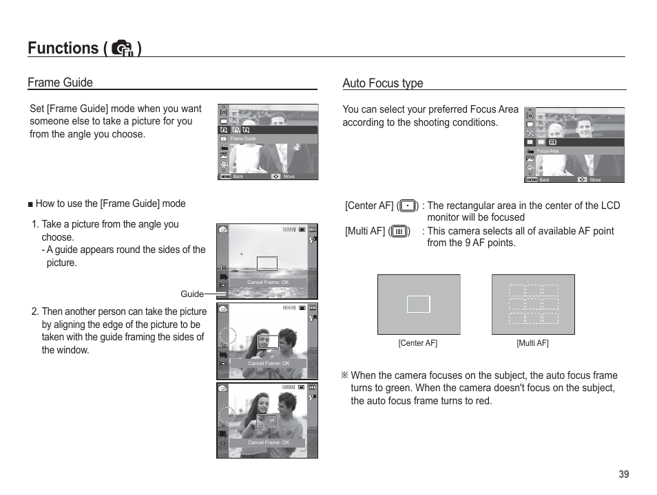 Functions ( ), Auto focus type, Frame guide | Samsung EC-TL90ZZBPRUS User Manual | Page 40 / 106