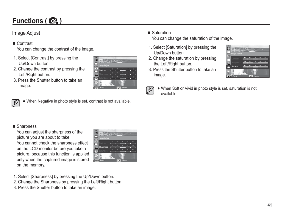 Functions ( ), Image adjust | Samsung EC-TL90ZZBPRUS User Manual | Page 42 / 106