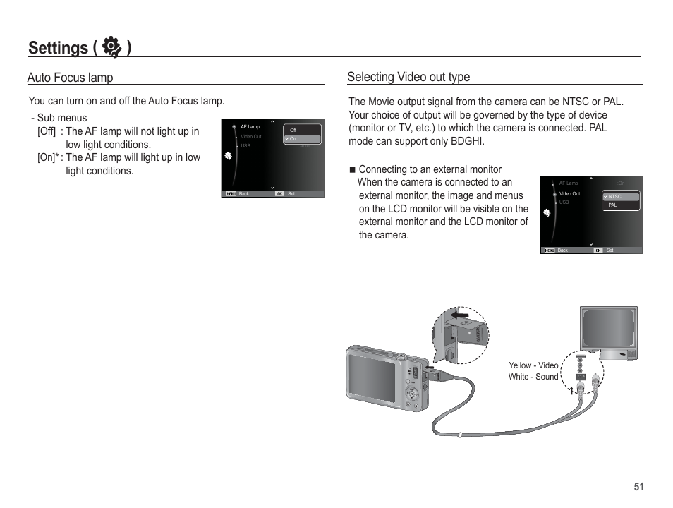 Settings ( ” ), Selecting video out type, Auto focus lamp | Samsung EC-TL90ZZBPRUS User Manual | Page 52 / 106