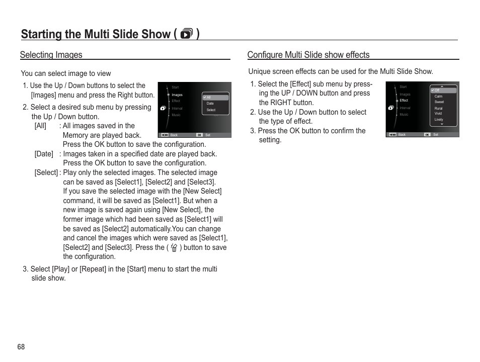 Starting the multi slide show (  ), Selecting images, Configure multi slide show effects | Samsung EC-TL90ZZBPRUS User Manual | Page 69 / 106