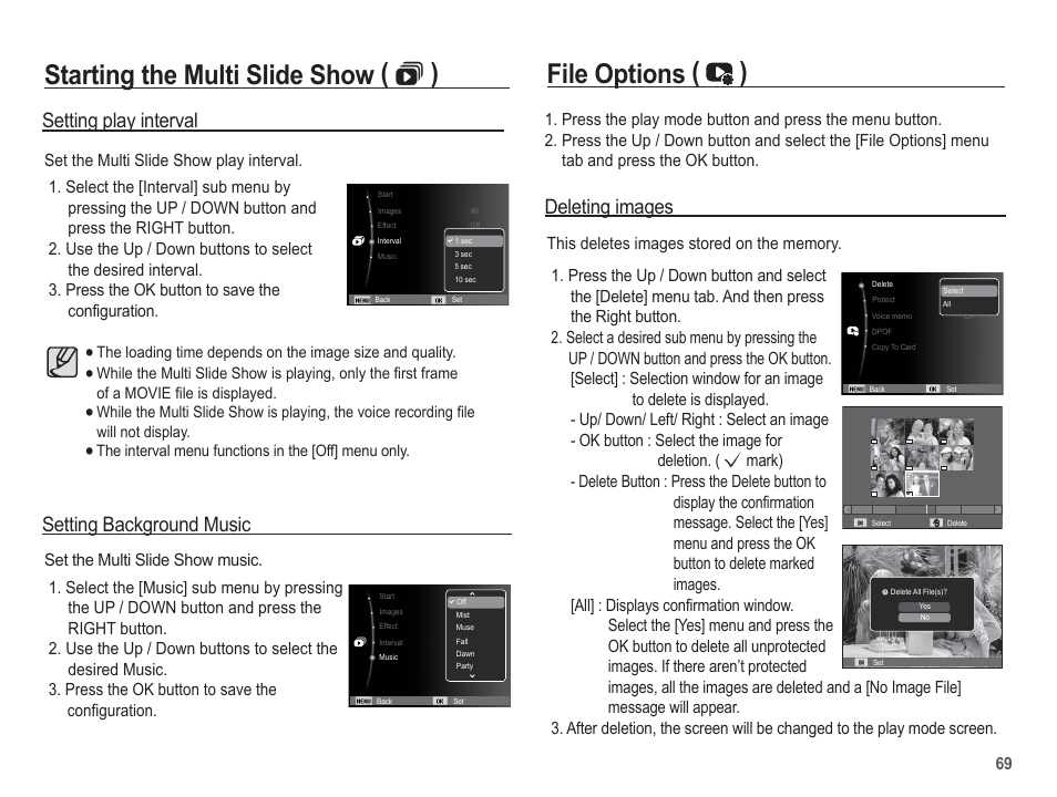 Starting the multi slide show (  ), File options ( ), Setting play interval | Setting background music, Deleting images | Samsung EC-TL90ZZBPRUS User Manual | Page 70 / 106