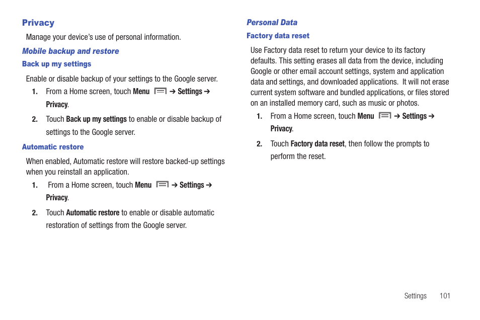 Privacy | Samsung SCH-I800NSAUSC User Manual | Page 105 / 135