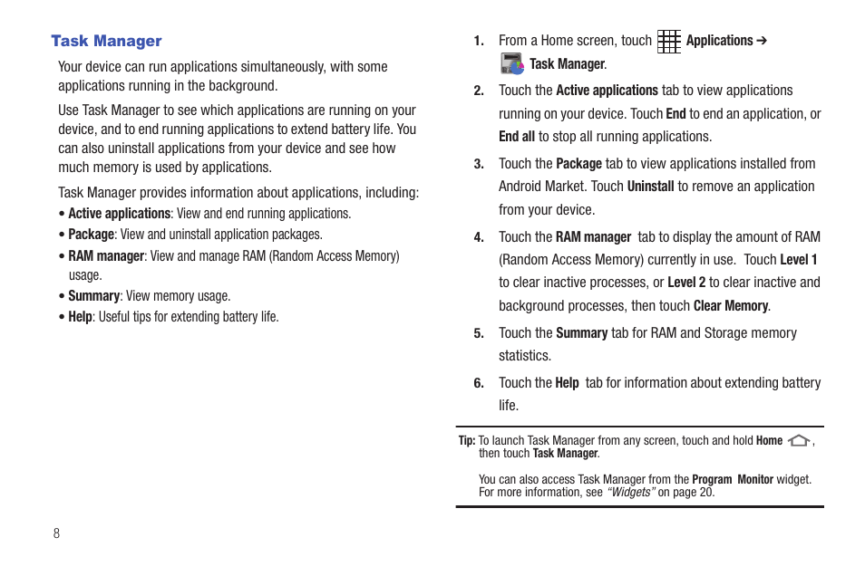 Task manager | Samsung SCH-I800NSAUSC User Manual | Page 12 / 135