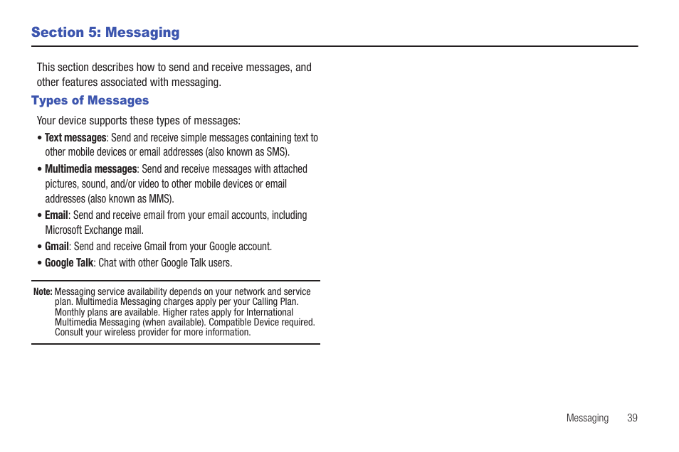 Section 5: messaging, Types of messages | Samsung SCH-I800NSAUSC User Manual | Page 43 / 135