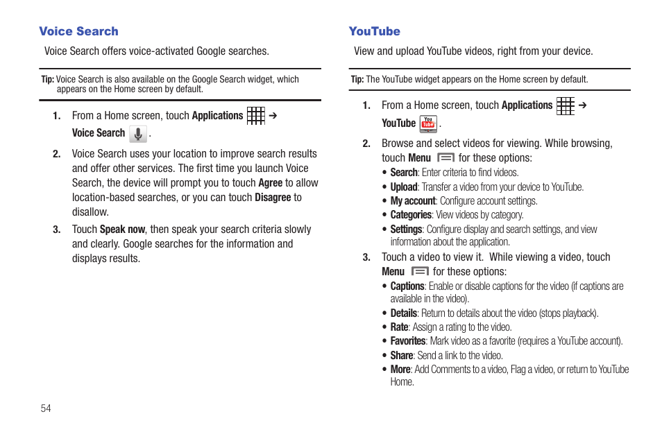 Voice search, Youtube, Voice search youtube | Samsung SCH-I800NSAUSC User Manual | Page 58 / 135