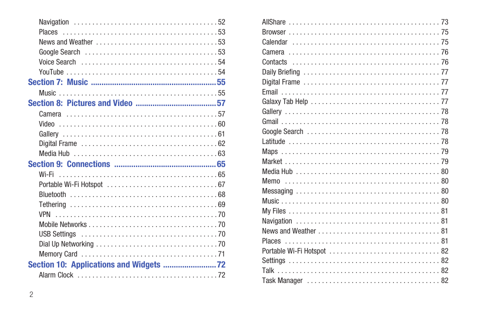 Section 7: music 55, Section 8: pictures and video 57, Section 9: connections 65 | Section 10: applications and widgets 72 | Samsung SCH-I800NSAUSC User Manual | Page 6 / 135