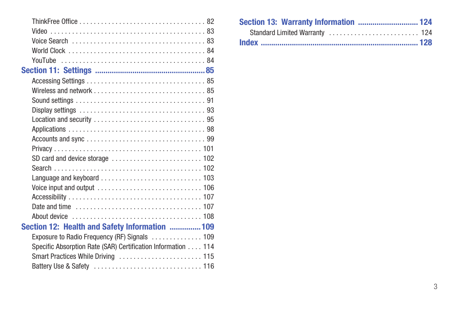 Section 11: settings 85, Section 12: health and safety information 109, Section 13: warranty information 124 | Samsung SCH-I800NSAUSC User Manual | Page 7 / 135