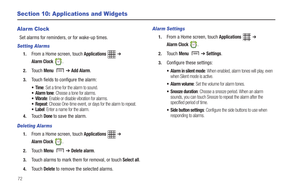 Section 10: applications and widgets, Alarm clock | Samsung SCH-I800NSAUSC User Manual | Page 76 / 135