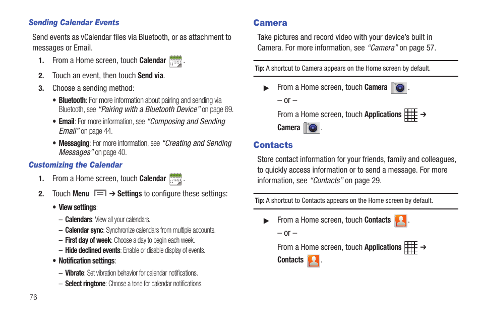 Camera, Contacts, Camera contacts | Samsung SCH-I800NSAUSC User Manual | Page 80 / 135
