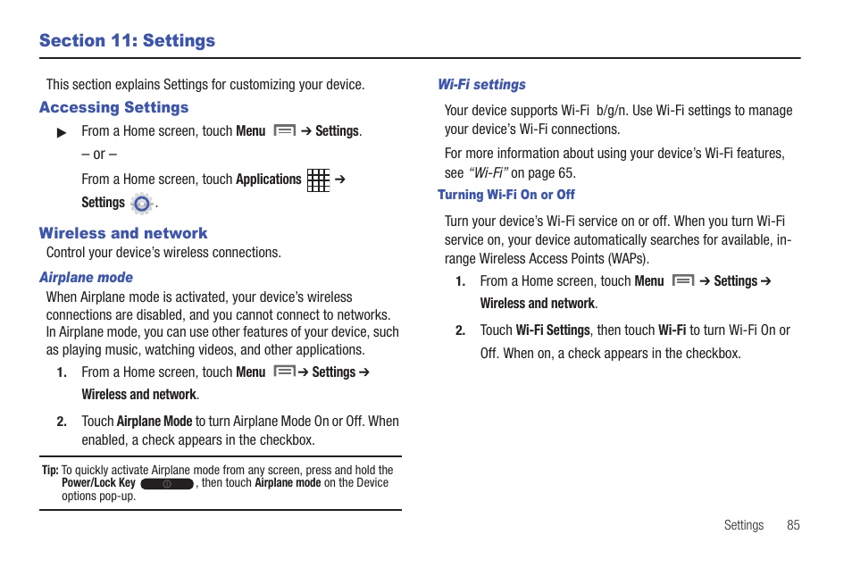 Section 11: settings, Accessing settings, Wireless and network | Accessing settings wireless and network | Samsung SCH-I800NSAUSC User Manual | Page 89 / 135