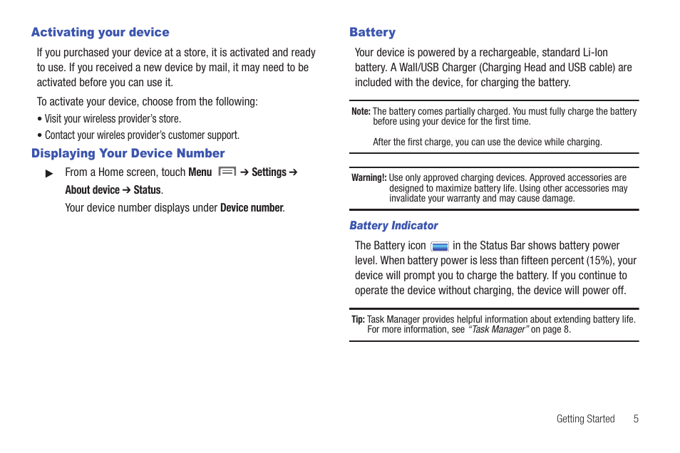 Activating your device, Displaying your device number, Battery | Samsung SCH-I800NSAUSC User Manual | Page 9 / 135