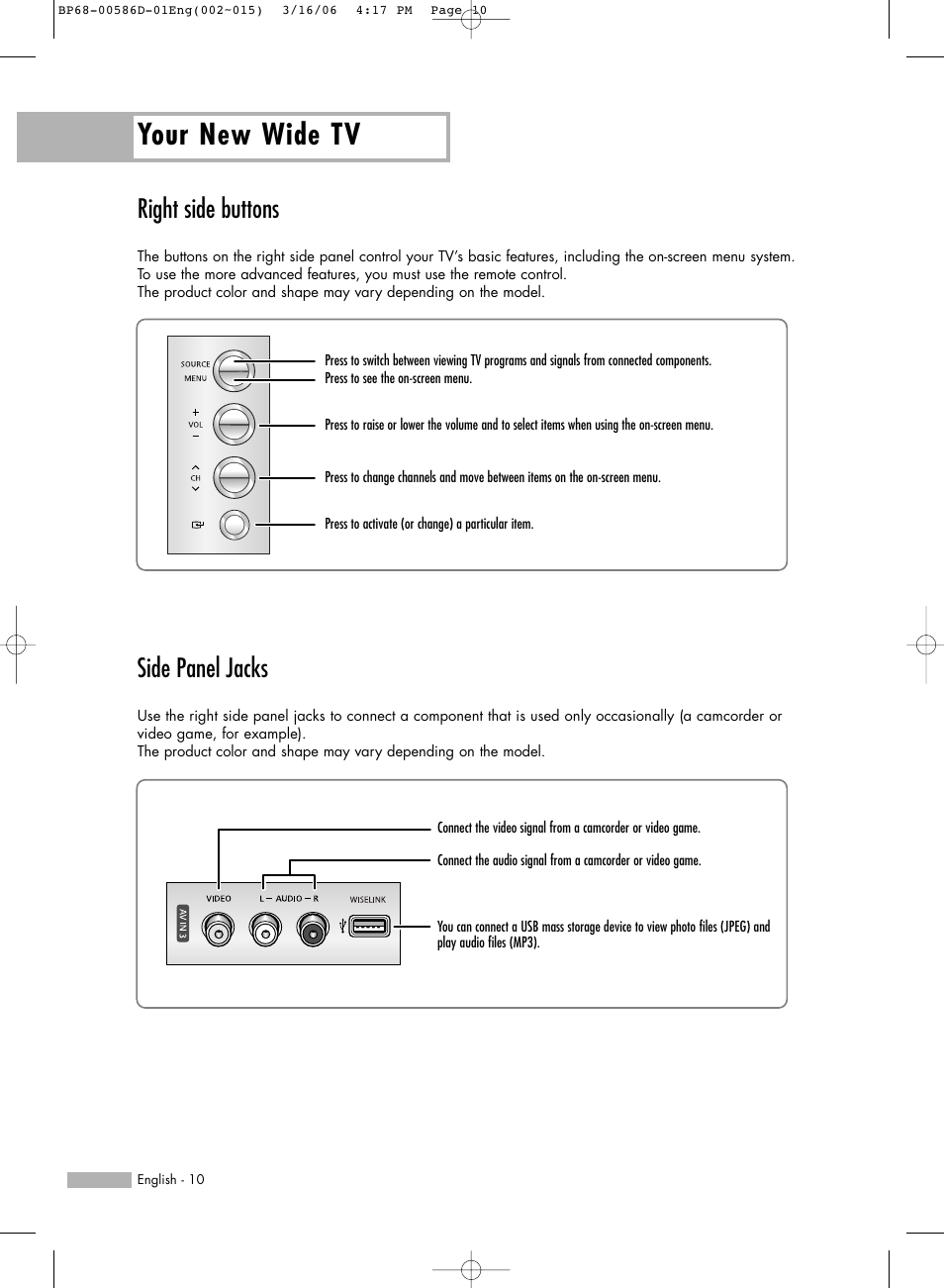 Right side buttons, Side panel jacks, Your new wide tv | Samsung HLS4266WX-XAA User Manual | Page 10 / 132