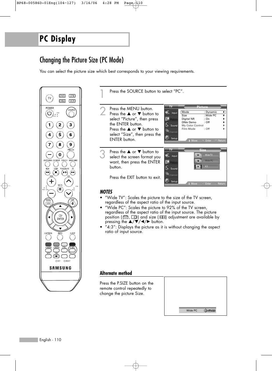 Changing the picture size(pc mode), Pc display, Changing the picture size (pc mode) | Alternate method | Samsung HLS4266WX-XAA User Manual | Page 110 / 132