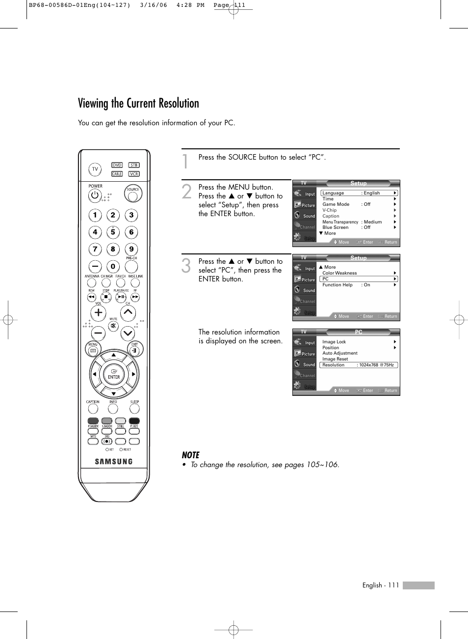 Viewing the current resolution | Samsung HLS4266WX-XAA User Manual | Page 111 / 132